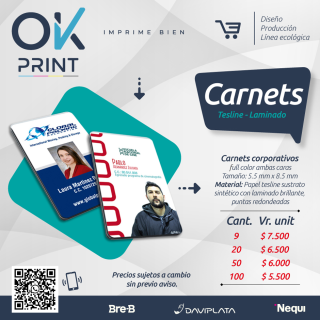 Carnet Desde $6.500, teslin, cantidad mínima a imprimir 9 und
