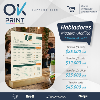 Hablador restaurante, porta menú acrilico con base en madera tamaño medio oficio