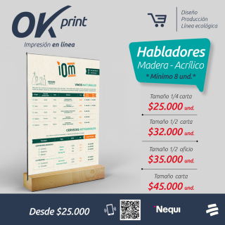 Hablador restaurante, porta menú acrilico con base en madera tamaño medio oficio